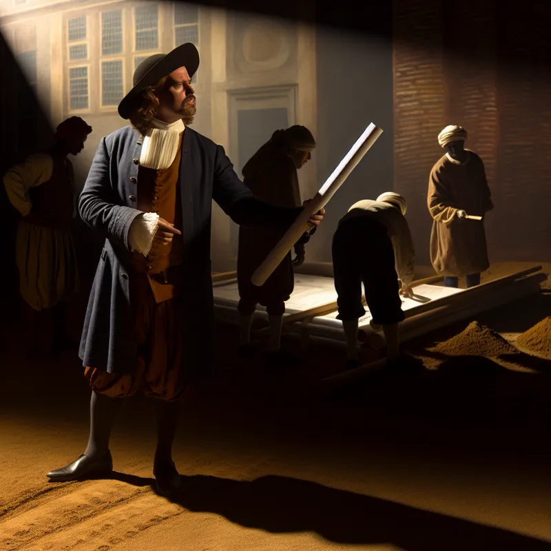 17e-eeuwse projectleider in Nederlandse kleding houdt toezicht op bouwplaats met arbeiders, wijst naar blauwdruk in dramatisch Rembrandt-licht