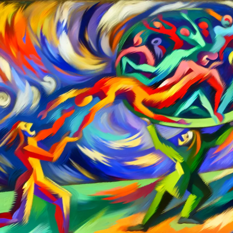 Abstracte voorstelling van twee figuren in dynamische interactie, waarbij een figuur een zware object overdraagt aan de andere figuur.