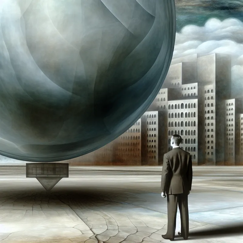 Een eenzame figuur in een formeel pak staat onder een imposant en surrealistisch landschap, gekneld door een doorzichtige wereldbol die de last van verantwoordelijkheid symboliseert.