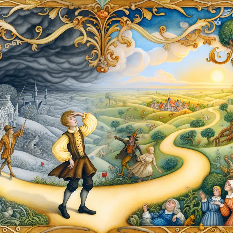 Karakter in vintage kleding staat bij een kruispunt, waar de linker weg vol schaduw en stormachtige lucht is en de rechter weg verlicht wordt door zonneschijn naar een vredig dorp.