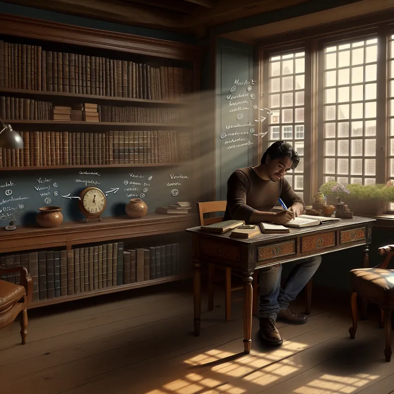 Man in een serene bibliotheek schrijft notities in een planner bij een antiek houten bureau