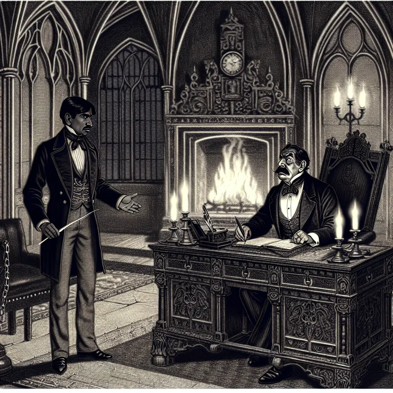 Gothische kantoorscène met een manager die verantwoording aflegt aan een strenge directeur, symbolisch voor gezagsverhoudingen en verantwoordelijkheid in werk of politiek