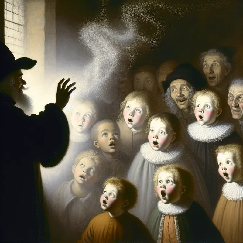 Kinderen kijken verwonderd naar een goochelaar die magie trucjes uitvoert in een zacht verlichte kamer, met sprankels in de lucht.