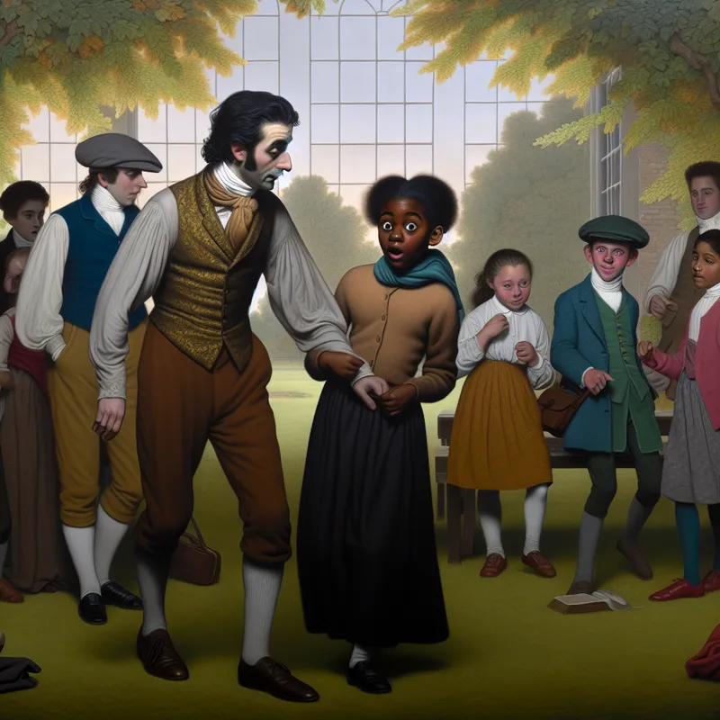 Een verbaasde meisje die bijna tegen haar docent aanloopt in een schooltuin, met andere studenten op de achtergrond