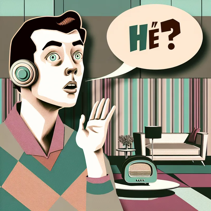Retro-futuristische illustratie van een persoon die verbaasd en verward 'Hè?' zegt in een jaren 50-geïnspireerde woonkamer