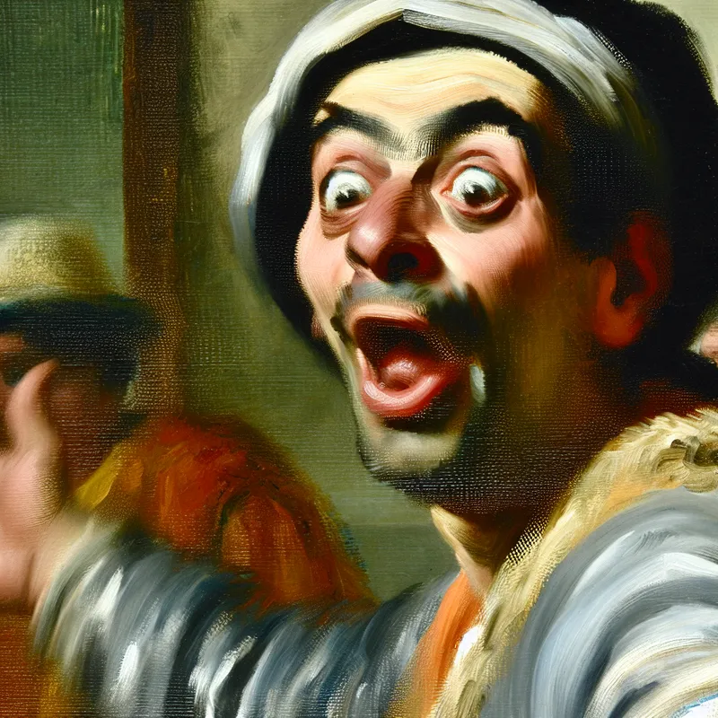 Portret in de stijl van Frans Hals van een persoon met een verbaasde uitdrukking die 'He!' uitroept bij een onverwachte verrassing