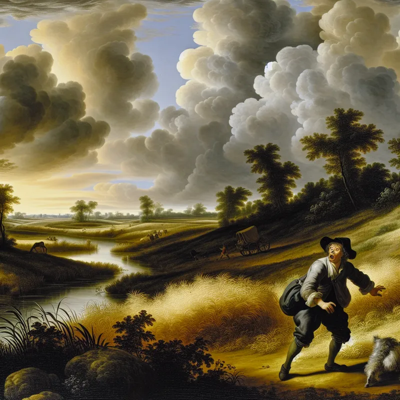 17e-eeuws Nederlands landschap met verraste persoon in een veld bij een rivier, uitdrukking van verbazing