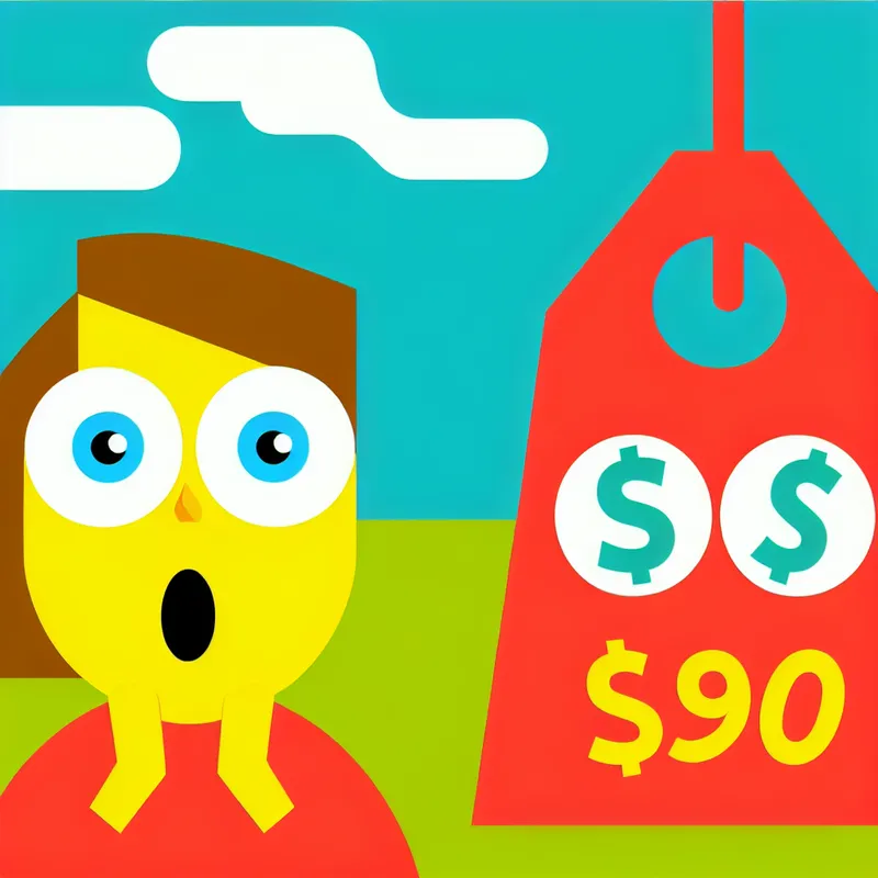 Schokkende gezichtsuitdrukking met grote ogen en open mond, vergezeld van een grote prijskaart met een hoge prijs