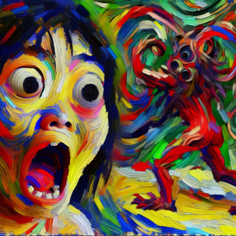 Abstracte schildering in stijl van Karel Appel van een geschrokken persoon met wijd open mond en ogen, met een grote spin op de voorgrond in felle kleuren