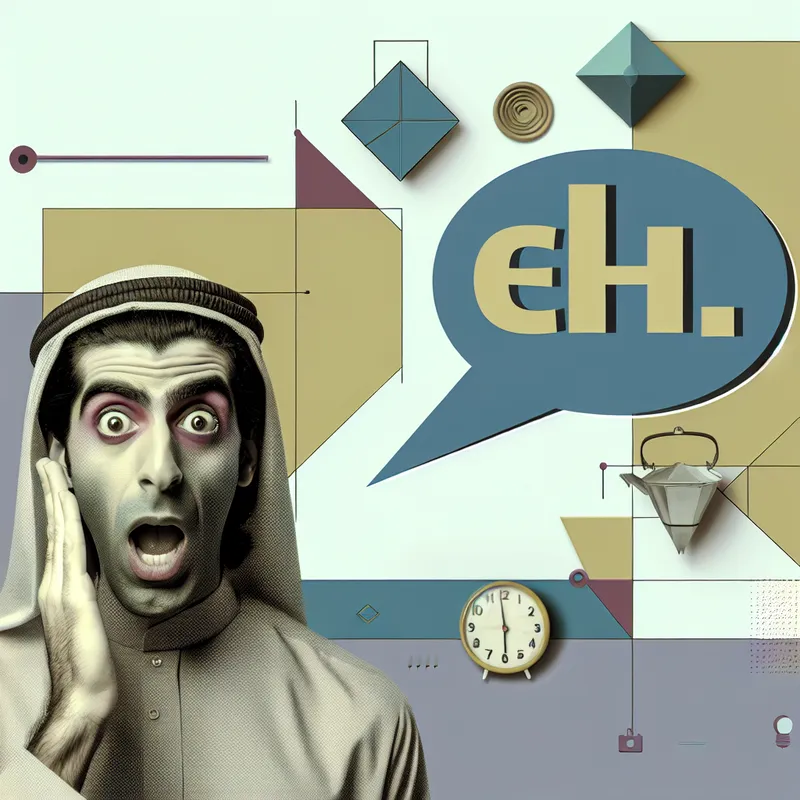 Retro-futuristische illustratie van een verbaasde persoon die 'Eh' zegt met wijd open ogen en opgetrokken wenkbrauwen in een minimalistische omgeving