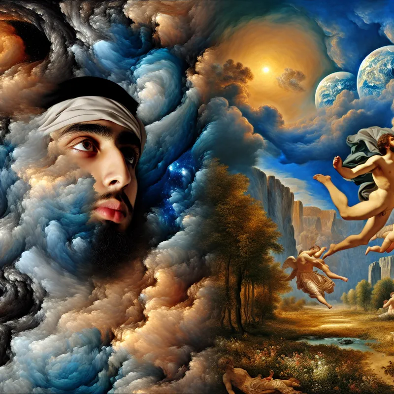 Barokke voorstelling van een persoon die zich iets inbeeldt, omringd door surrealistische visioenen van een maanlandschap en een zonnig weiland, in de stijl van Peter Paul Rubens