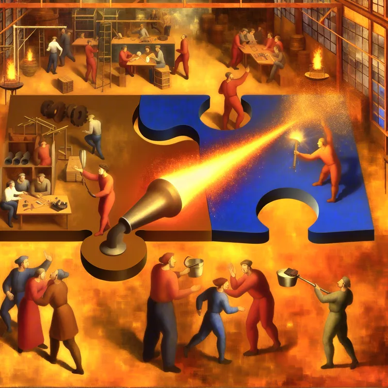 Levendige kantoorscène in de stijl van Jan Steen met twee teams die samenwerken, symbolisch verbonden door een figuurlijke lastoorts en puzzelstukken