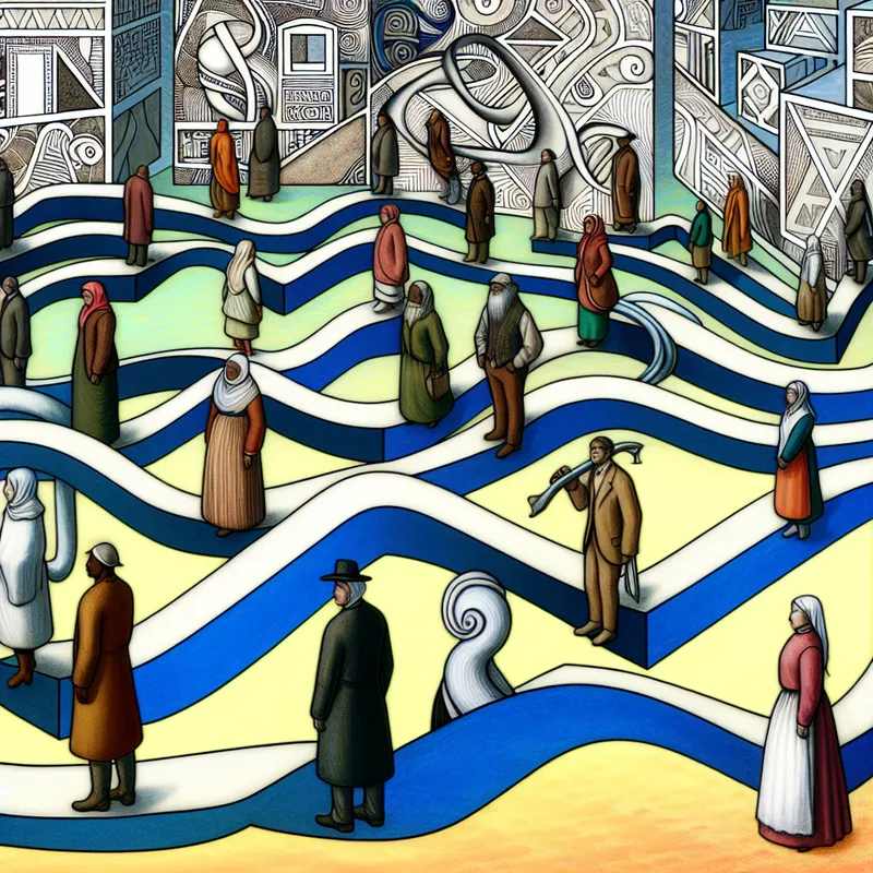 Een surrealistisch tafereel met diverse mensen verbonden door cementen linten in een M.C. Escher-stijl.