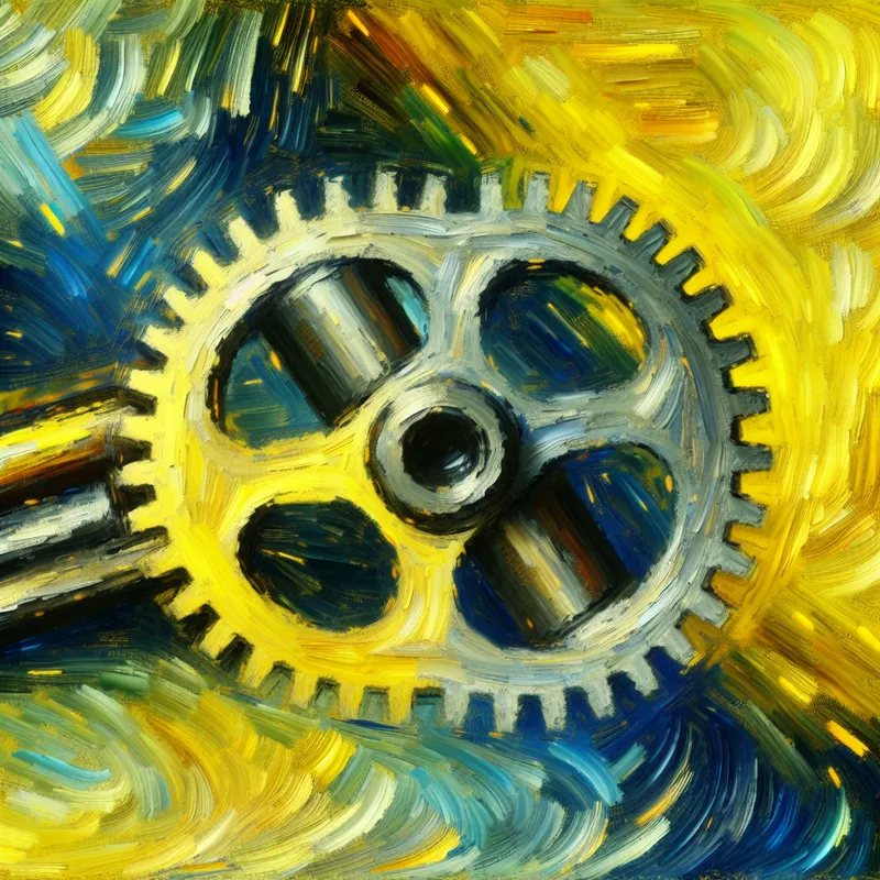 Twee grote metalen tandwielen in elkaar grijpend met vonken, geïllustreerd in Van Gogh-stijl met dikke penseelstreken en levendige kleuren