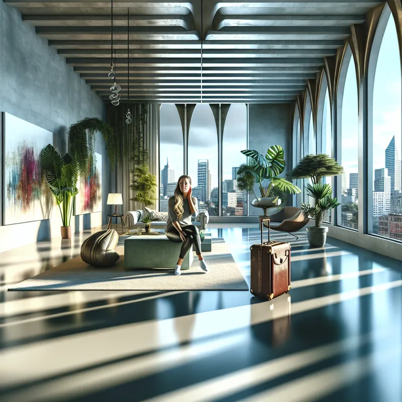 Een vrouw zit comfortabel in een moderne appartement, omringd door planten en hedendaagse kunst, met een uitzicht op de skyline van de stad.