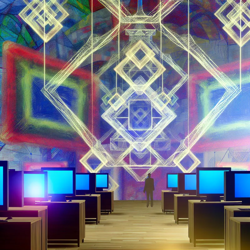 Surreële afbeelding van verbonden apparaten in een kantoor waar computers met levendige schermen zijn aangesloten via gloeiende, geometrische kabels.