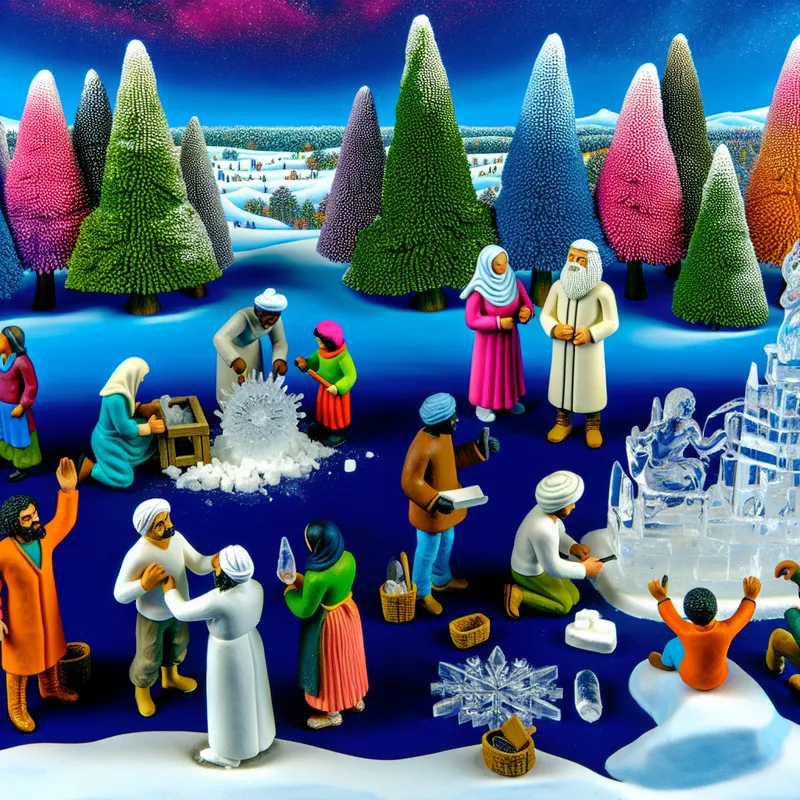 Een diverse groep mensen die samen aan een grote ijsbeeld werken in een levendig winterlandschap.