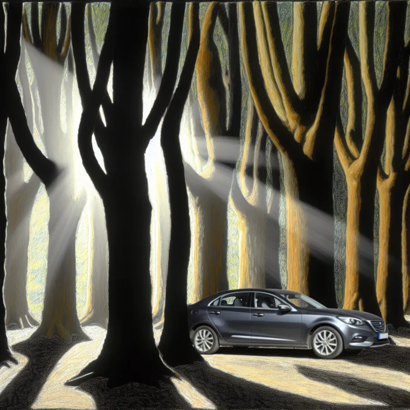 Een auto verborgen achter een cluster van hoge, weelderige bomen met zonlicht dat door het loof filters en een spel van licht en schaduw creëert.