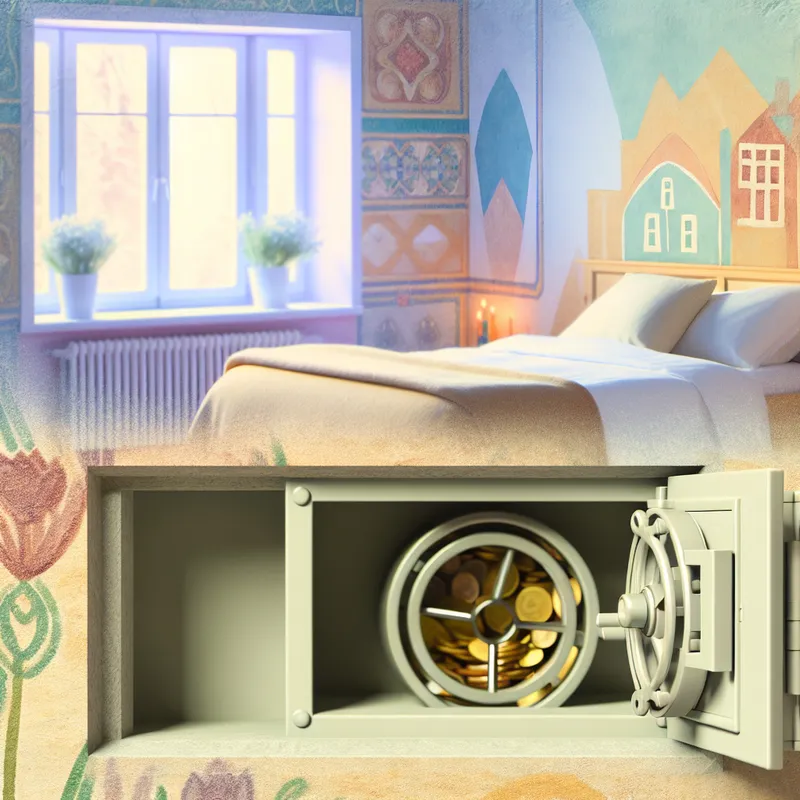 Sfeervolle slaapkamer met verborgen kluis in de muur, gedeeltelijk open met kleurrijke munten en biljetten zichtbaar.