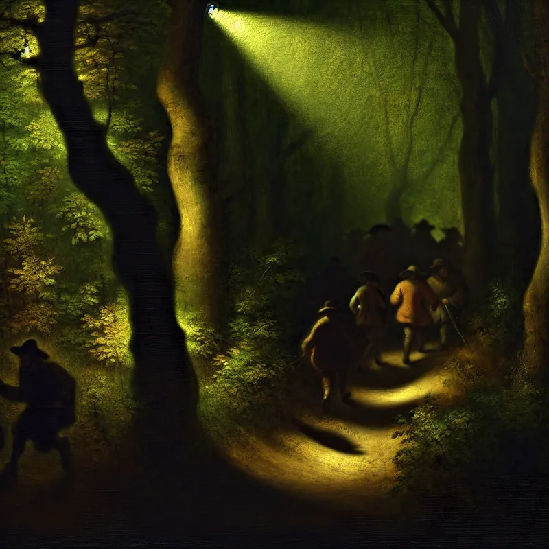 Een geheim pad in een slecht verlicht bos, met smokkelaars die stilletjes bewegen.