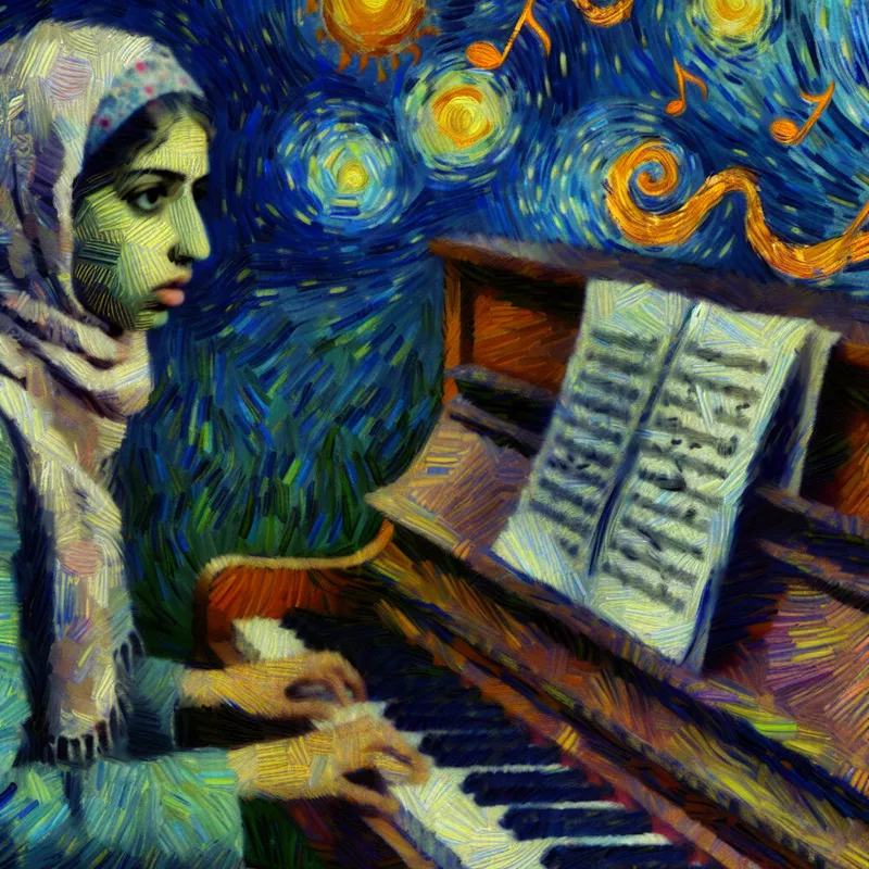 Jonge vrouw achter een piano met verborgen muzikaal talent, geschilderd in expressieve Van Gogh-stijl met zwierige penseelstreken en warme kleuren