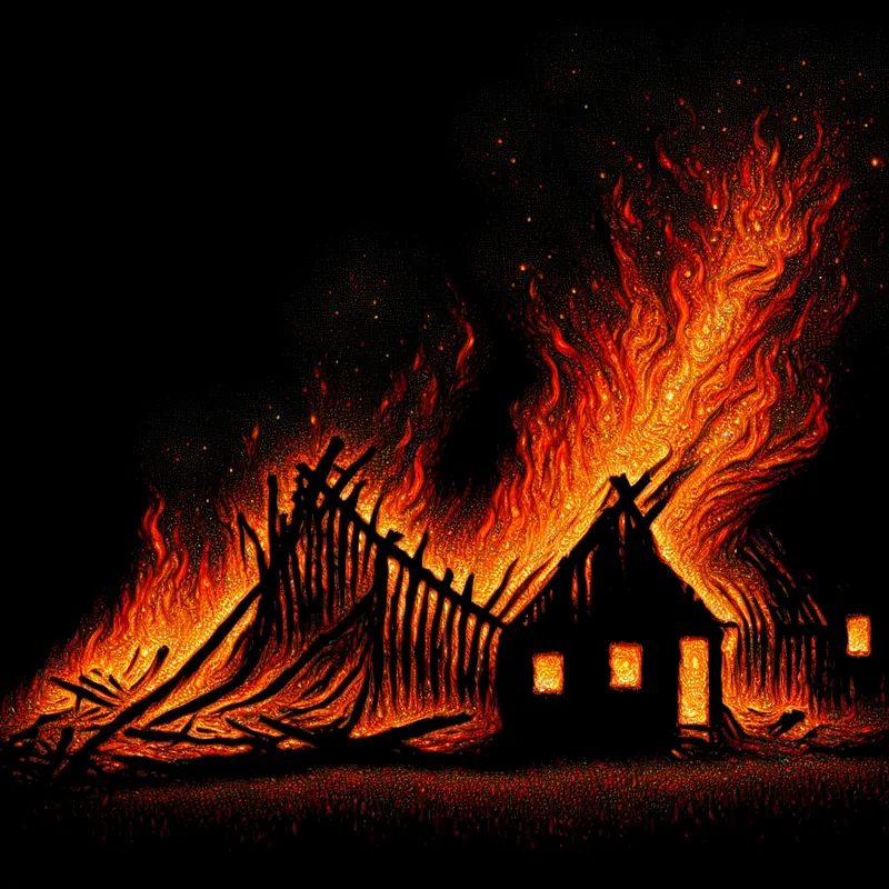 Oude houten schuur volledig verwoest door hevige brand in de nacht, met intense vlammen en smeulende resten in gothische stijl