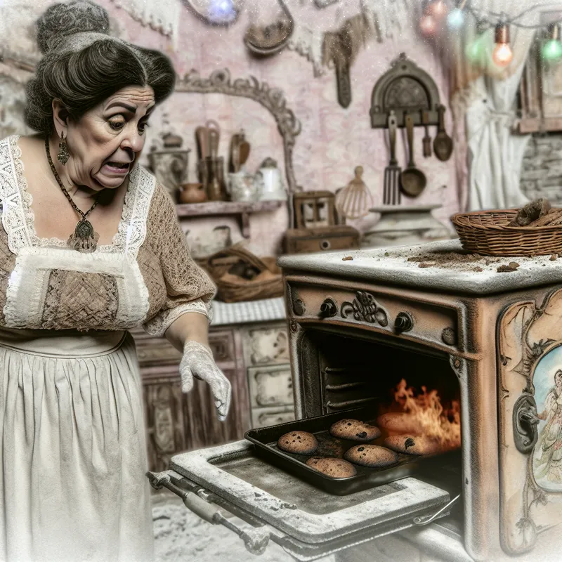 Een verbaasde vrouw in een vintage keuken kijkt naar een bakplaat met verbrande koekjes.