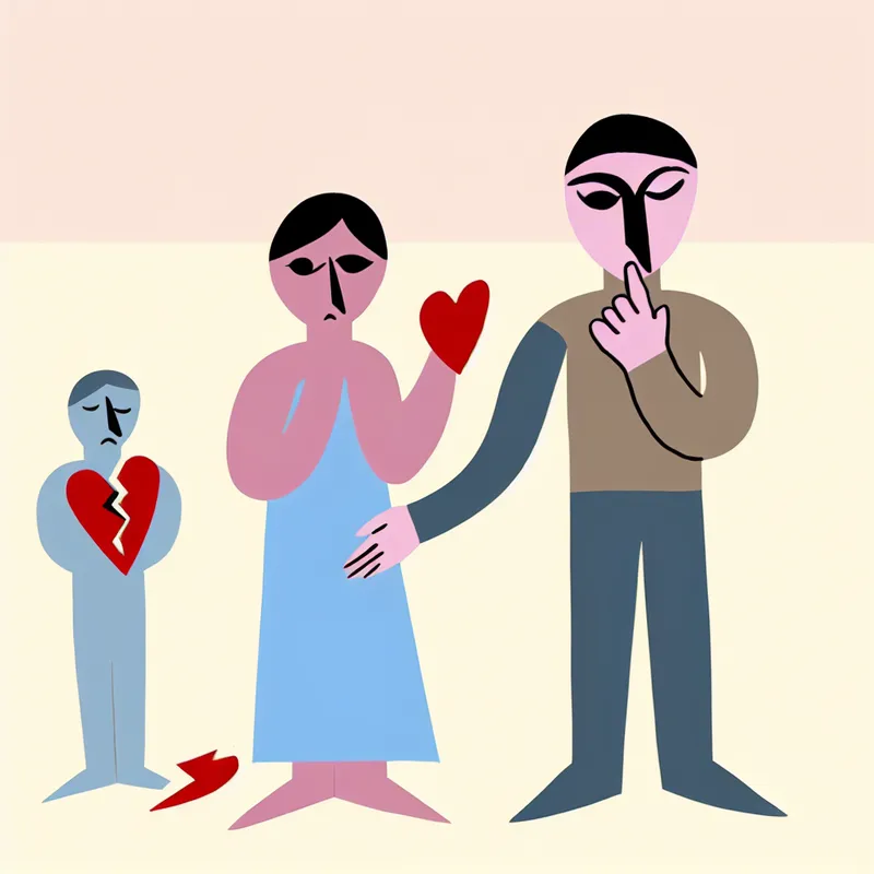 Minimalistische illustratie van twee figuren die een gebroken hart vasthouden, symboliserend verraad en geschonden vertrouwen in relaties