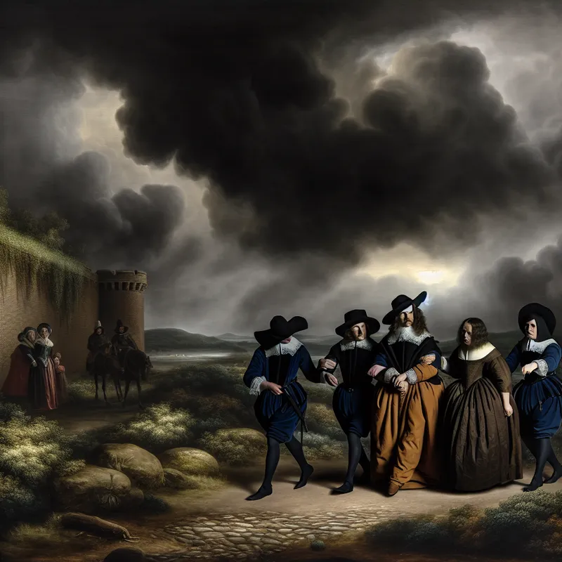 Dramatische 17e-eeuwse Nederlandse landschapsschildering van een arrestatie bij een stenen brug onder een stormachtige hemel, symboliserend een verdachte in een onderzoek