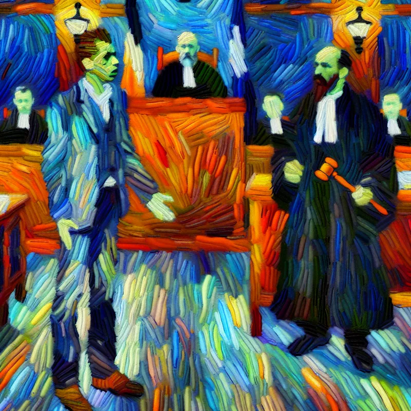 Dramatische rechtszaalscène in Van Gogh-stijl met nerveuze verdachte voor een strenge rechter, omringd door expressieve penseelstreken in levendige kleuren