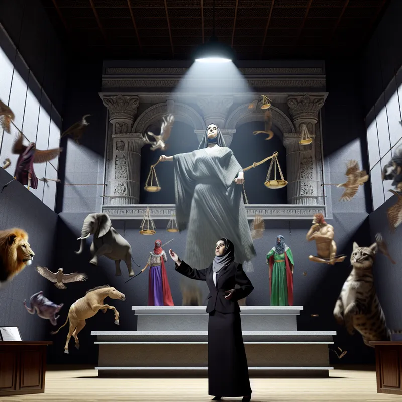 Vrouw als gepassioneerde verdediger van diverse dieren in een surrealistisch gerechtsgebouw met monumentale architectuur