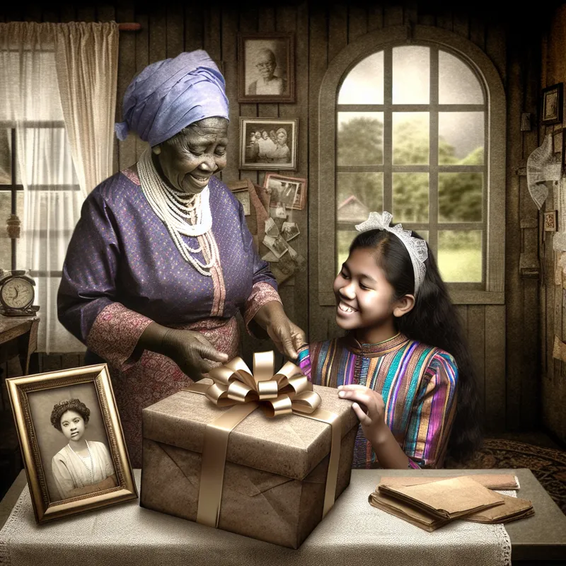 Een jonge meisje in vintage kleding ontvangt een prachtig ingepakt cadeau van een oudere vrouw in een gezellige kamer vol nostalgie.