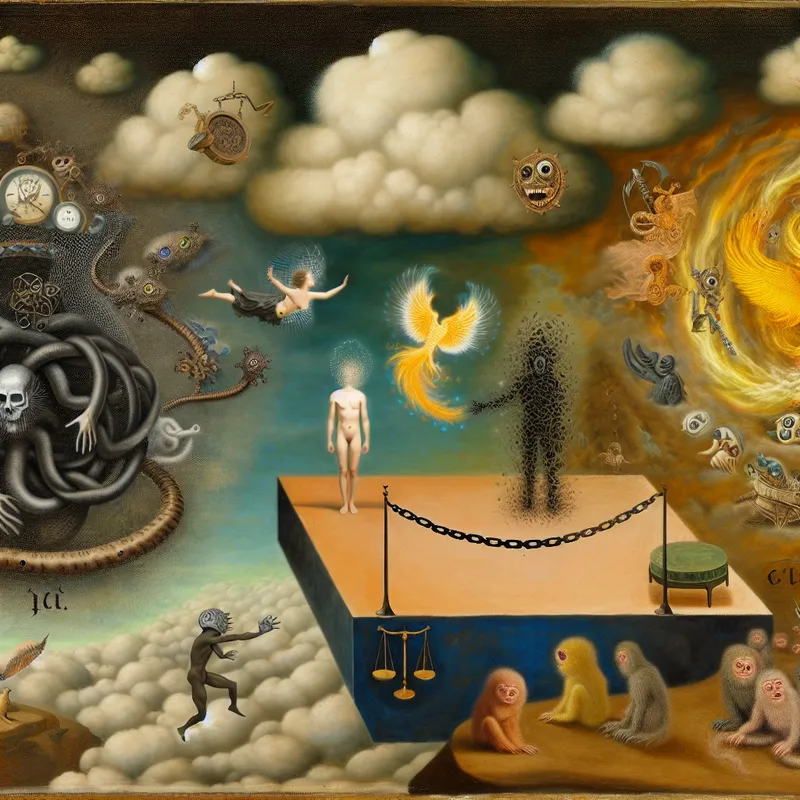 Surrealistisch tafereel in de stijl van Jheronimus Bosch over verdienen en waardigheid, met symbolische figuren van vertrouwen en een tweede kans