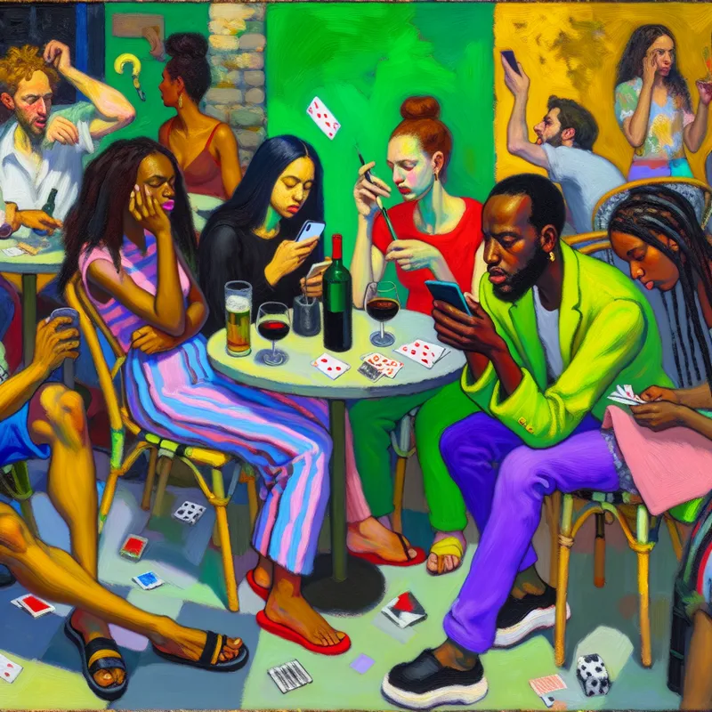 Een groep jonge volwassenen in een café, bezig met afleiding zoals telefoons, kaarten spelen en met elkaar praten.