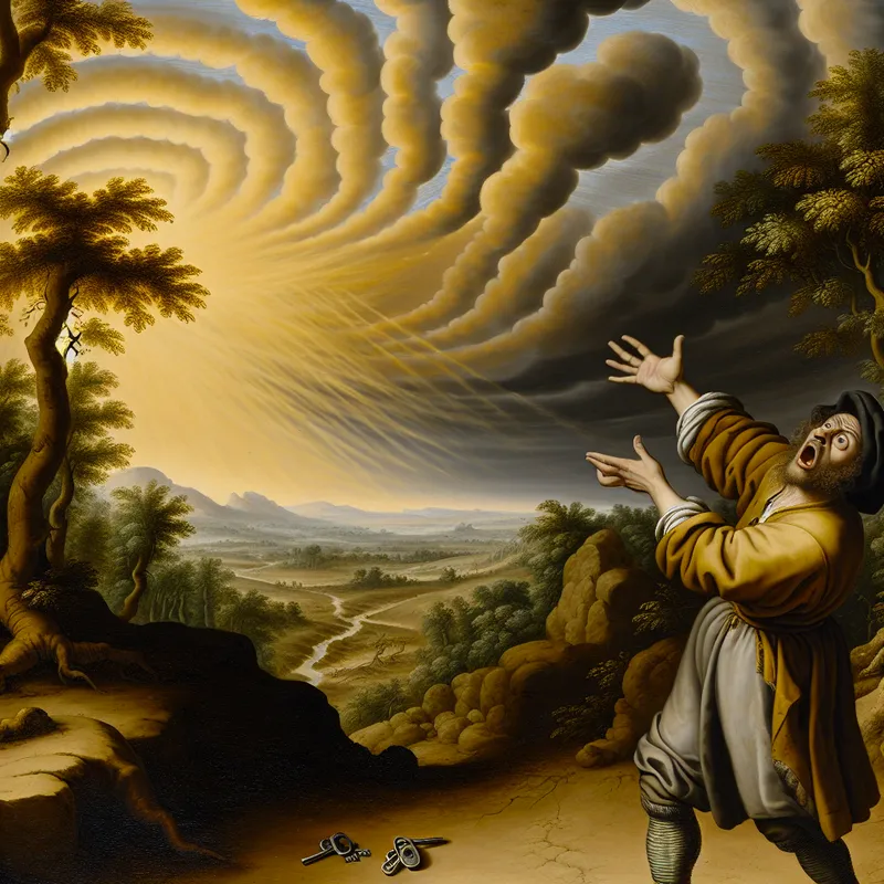 17e-eeuwse Nederlandse landschapsschilderij met persoon die 'Verdomme!' roept uit frustratie omdat sleutels net buiten bereik hangen