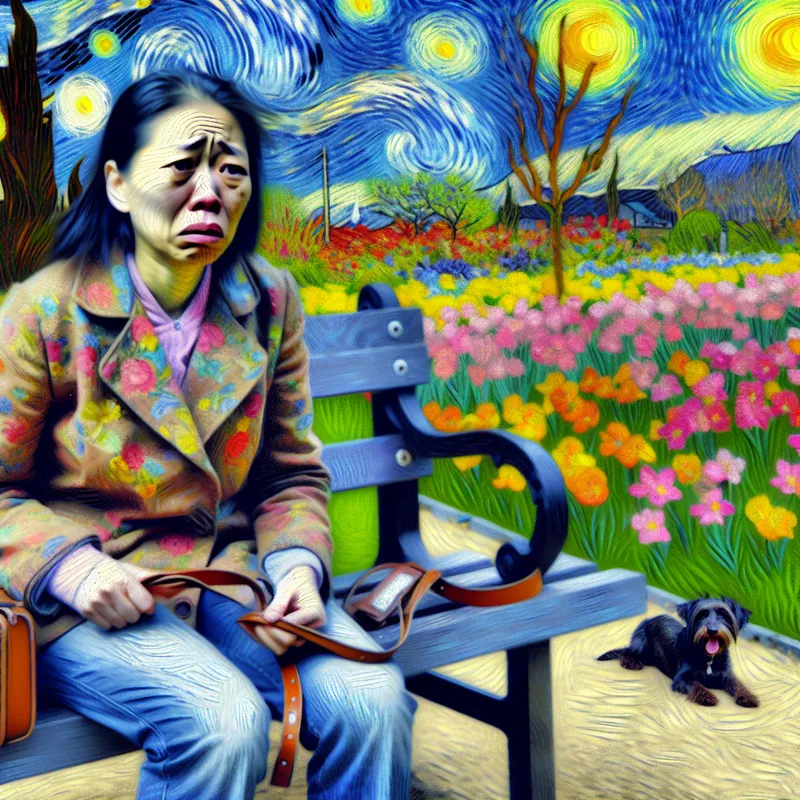 Een verdrietige vrouw op een bank in het park, met tranen in haar ogen en een lege lijn voor haar overleden hond.