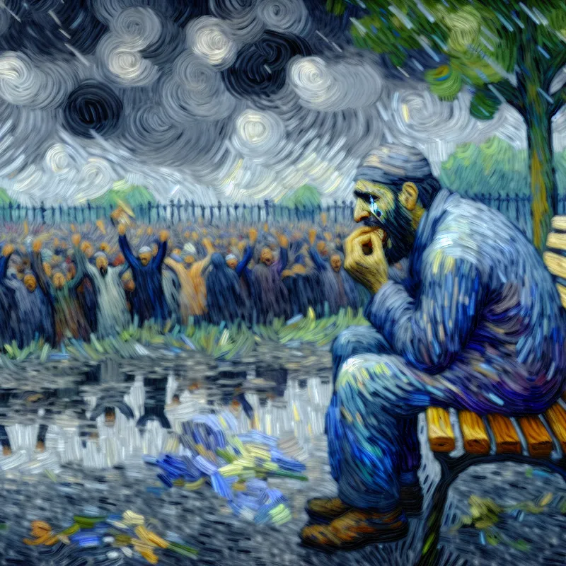 Een man op een bank in een regenachtig park, met een verdrietige uitstraling terwijl blije mensen op de achtergrond vieren.