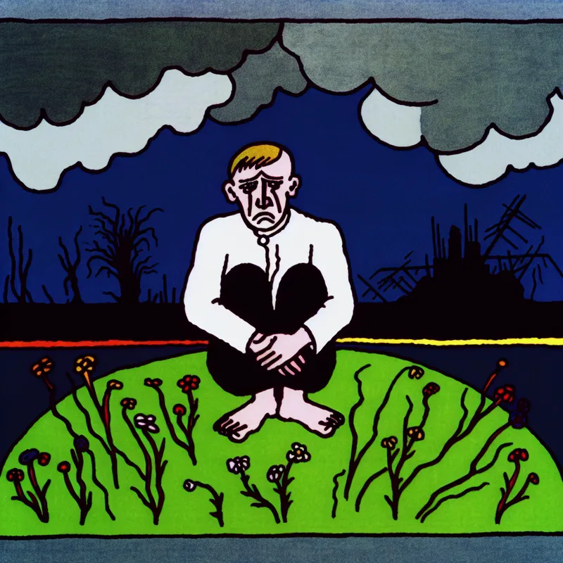 Een minimalistische illustratie van een verdrietige persoon die op een stukje gras zit, omringd door verwelkte bloemen, met donkere wolken op de achtergrond en een oorlogshouding.