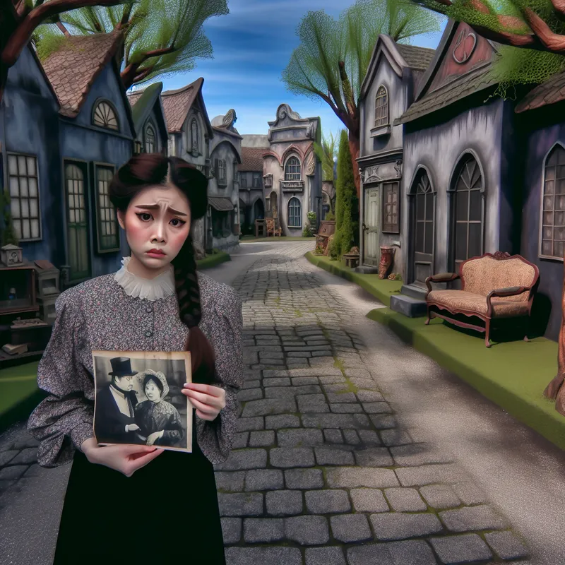 Jonge vrouw staat alleen op een straat van kinderkopjes, met een verdrietige uitdrukking terwijl ze een vervaagde foto van een glimlachende man vasthoudt.