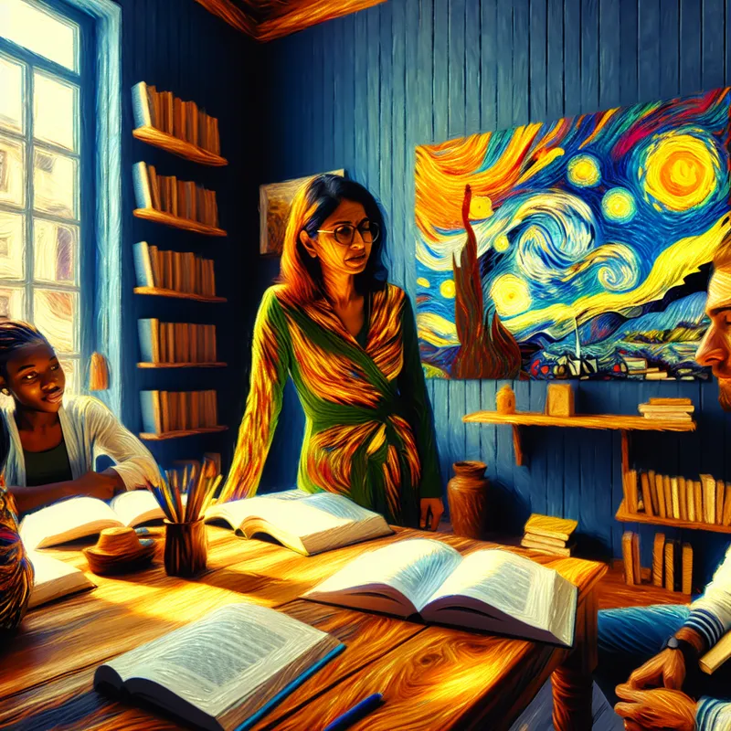 Een persoon legt een idee uit aan een groep luisteraars in een sfeervolle kamer vol boeken, met een notitieboek geopend op een houten tafel.