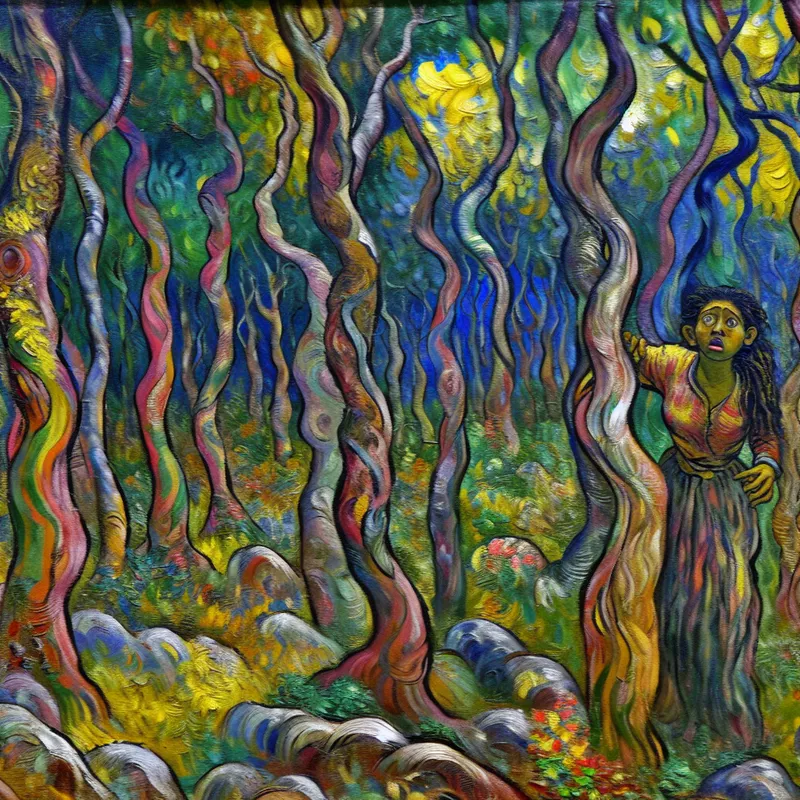 Een persoon die verdwaald is in een weelderig, Van Gogh-achtig bos met kromme bomen en kleurrijke bladeren.
