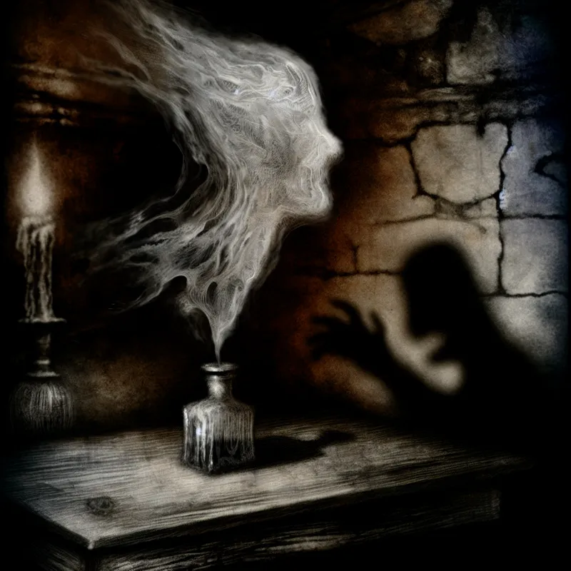 Transparante geestverschijning van een vervagende herinnering of vlek boven een donkere houten tafel, reikende hand in schaduw, symbolisch voor 'verdwenen'