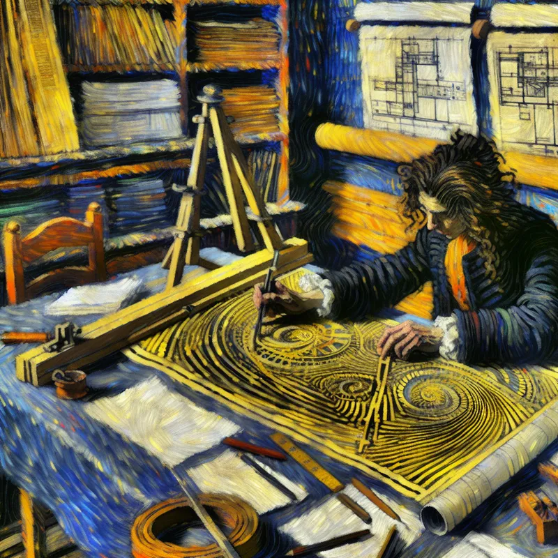 Gedetailleerde werkruimte met blauwdruk en precisiegereedschap in Van Gogh-stijl, illustratie van het vereiste van nauwkeurigheid en toewijding bij taal- en projectwerk