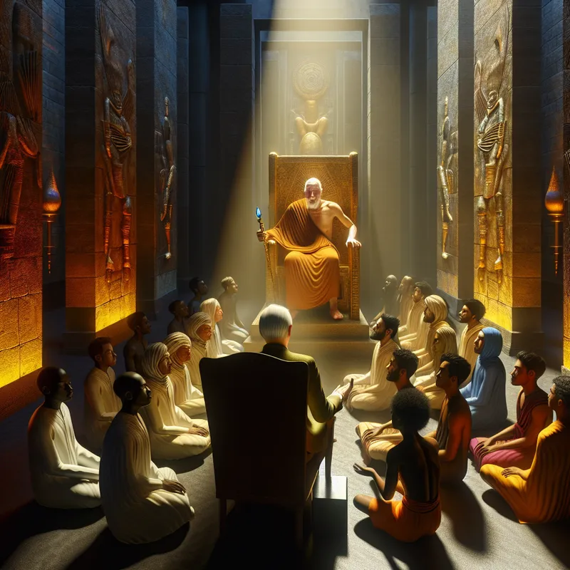 Hyperrealistisch surrealistisch tafereel van een oudere man in een hoge stoel die verhalen vertelt aan een eerbiedig publiek, symboliserend het vereren van tradities en persoonlijke erfenissen