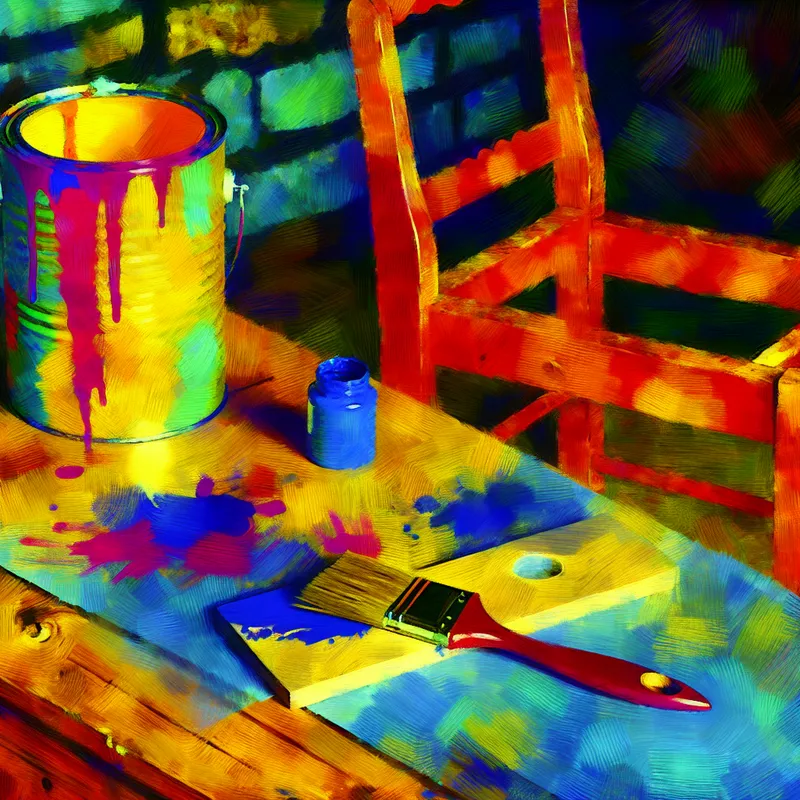 Een stillleven schilderij van een houten tafel met een onvoltooid houten stoel en een kleurrijke abstracte schilderij op de muur.