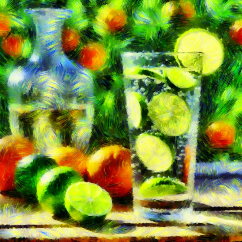 Een levendige stilleven met een hoog glas water met limoenpartjes, op een rustieke houten tafel, omringd door kleurrijke vruchten.