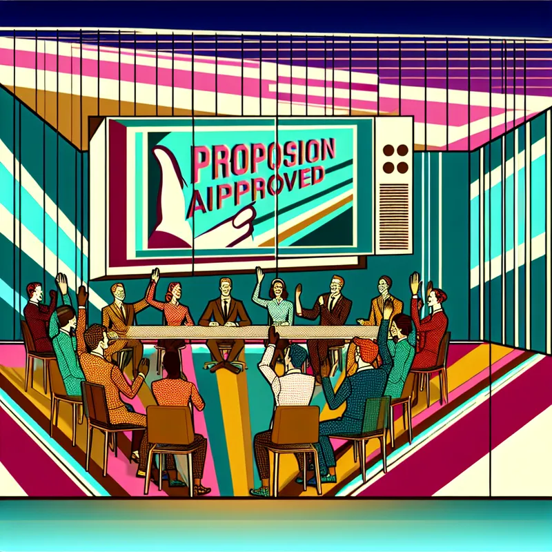 Een diverse groep mensen in een moderne, retro-futuristische vergaderruimte, die hun handen juichend omhoog steken ter goedkeuring van een voorstel.