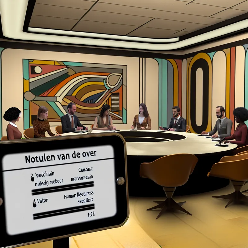 Een moderne vergaderruimte met diverse professionals rond een grote ronde tafel, met een tablet dat 'Notulen van de Over' toont, en abstracte geometrische patronen op de achtergrond.