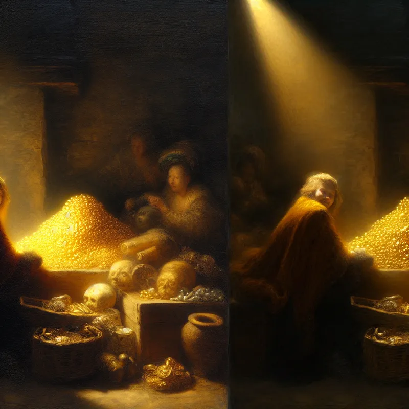 Dramatische vergelijking van twee stapels gouden munten met verschil in hoeveelheid, geschilderd in Rembrandt-stijl