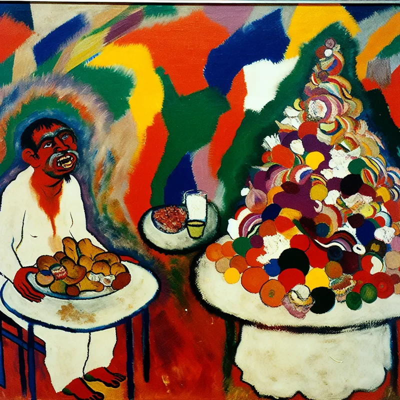 Abstract schilderij in de stijl van Karel Appel met twee figuren aan een tafel vol eten, waarbij de ene een bescheiden portie heeft en de andere een overvolle berg, ter illustratie van een vergelijking in hoeveelheid